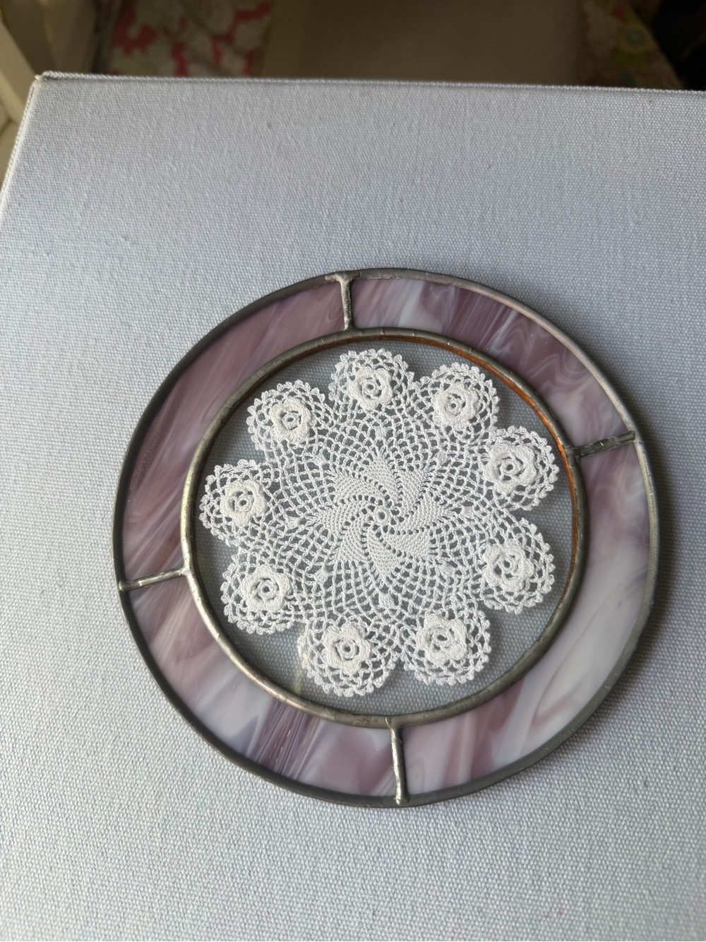 Antique Round Stained Leaded Glass Frame w White Crochet Doily MOTHERS DAY?